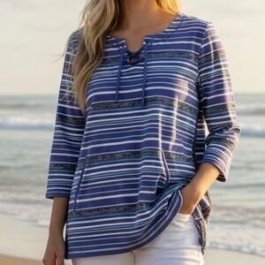 Talbots Tunic Top Kangaroo Pocket Womens Sz Small Preppy Athleisure Beach Casual